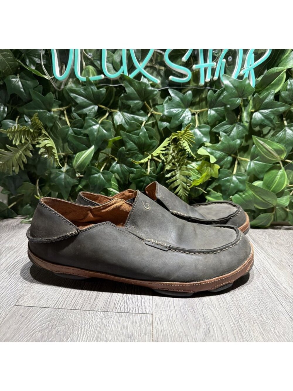 Men's OLUKAI Moloa Leather Slip On Shoes Black/Toffee Men’s Size 12